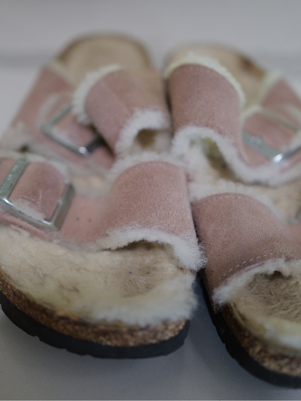Birkenstock Arizona Women's Suede Shearling Slide Sandals in Dusty Pink